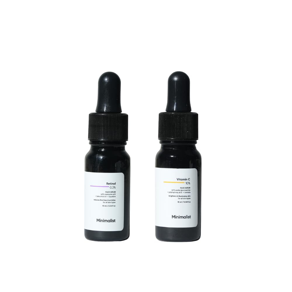 Minimalist 0.3% Retinol Serum 10ml + 10% Advanced Vitamin C Serum 10ml | Anti-Aging, Brightening & Dark Spot Treatment Skincare Duo