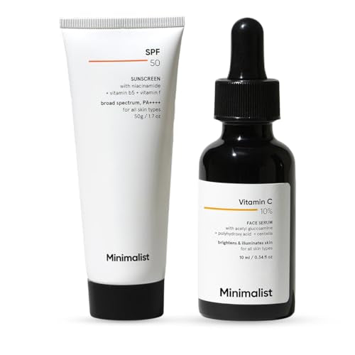 Minimalist Brightening & UV Defense Combo | 10% Vitamin C Face Serum 10ml + SPF 50 PA++++ Cream Sunscreen 50g | For All Skin Types