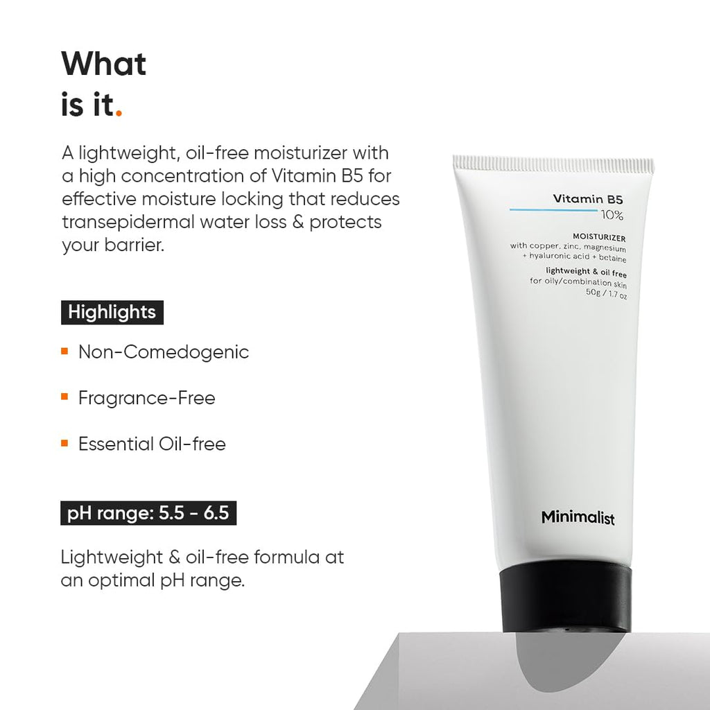 Minimalist Vitamin B5 10% Oil-Free Moisturizer for Face, Lightweight Gel Moisturizer for Oily & Combination Skin, Barrier Repair Face Cream with Glycerine 30gm