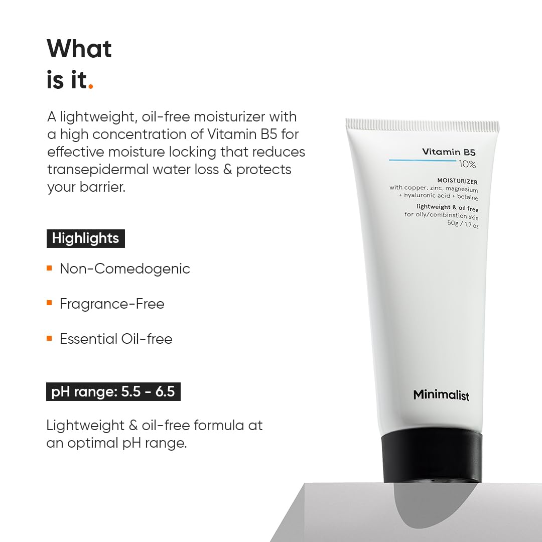 Minimalist Vitamin B5 10% Oil-Free Moisturizer for Face, Lightweight Gel Moisturizer for Oily & Combination Skin, Barrier Repair Face Cream with Glycerine 30gm