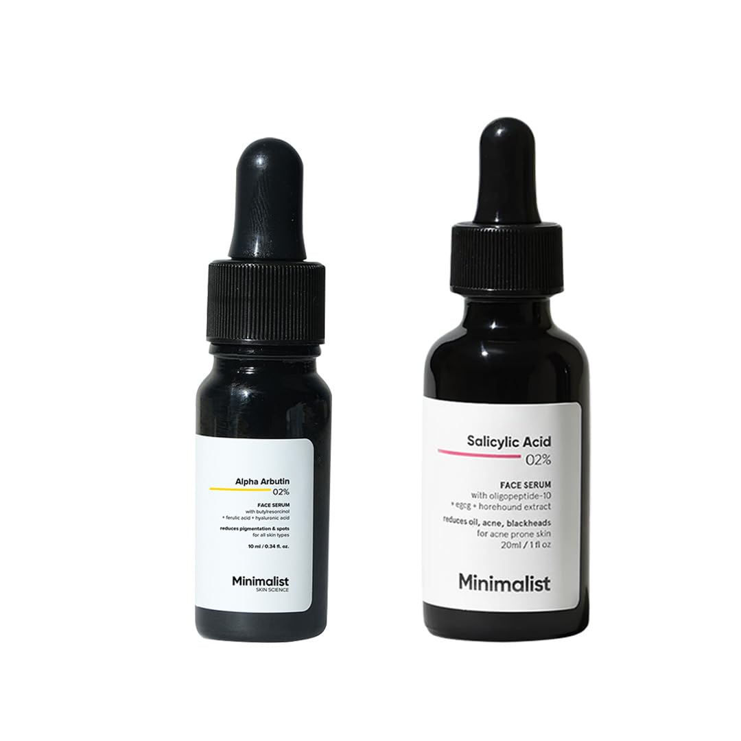 Minimalist Pore & Spot Care Duo: 2% Salicylic Acid + 2% Alpha Arbutin for smoother, clearer and even-looking skin.