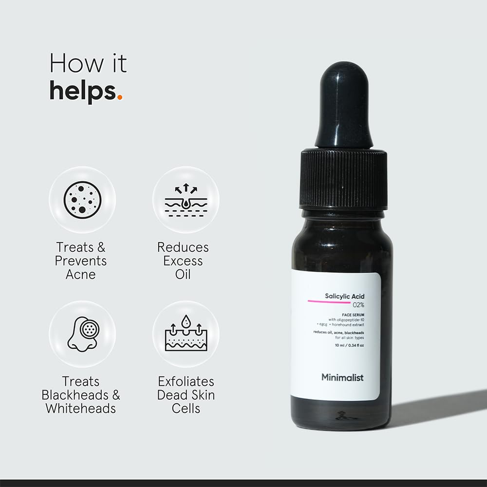 Minimalist 2% Salicylic Acid Serum for Acne & Blackheads | BHA Exfoliating Anti Acne Serum for Pore Cleansing & Oil Control | Pore Tightening Treatment for Oily & Acne-Prone Skin | 10ml