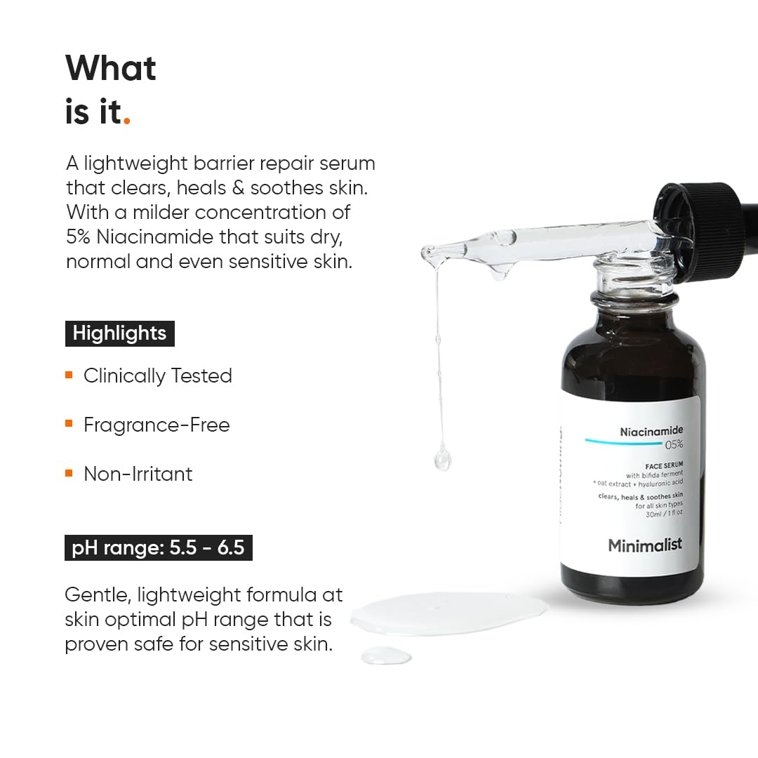 Minimalist Niacinamide 5% Serum with Hyaluronic Acid – Reduces Dark Spots, Controls Oil, Minimizes Pores, Strengthens Skin Barrier, Hydrating Daily Vitamin B3 Serum for All Skin Types (10 ml)