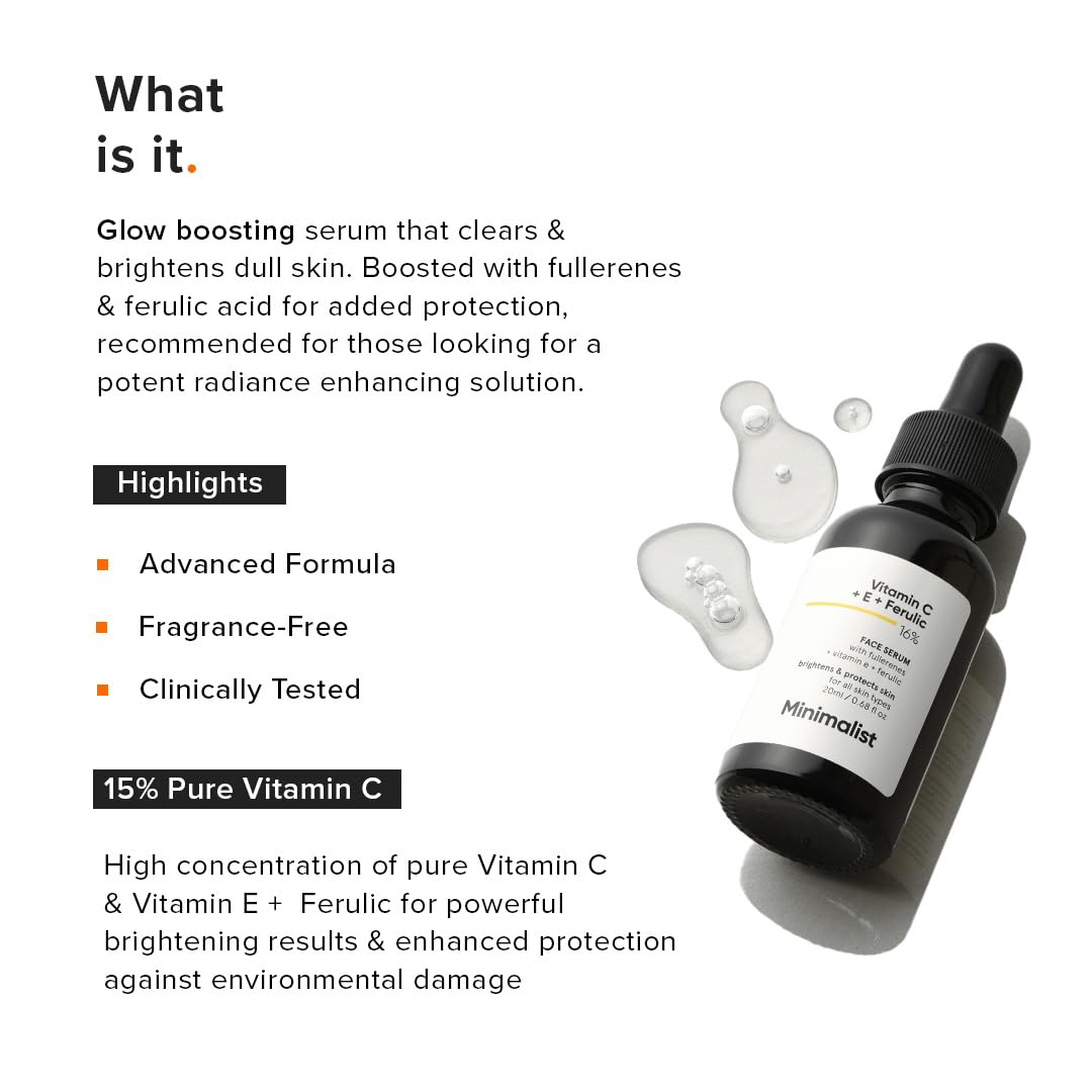 Minimalist 16% Vitamin C Face Serum – Brightening & Glow-Boosting Formula with Vitamin E, Ferulic Acid & Fullerenes, Antioxidant Boost for Radiant Skin (10 ml)