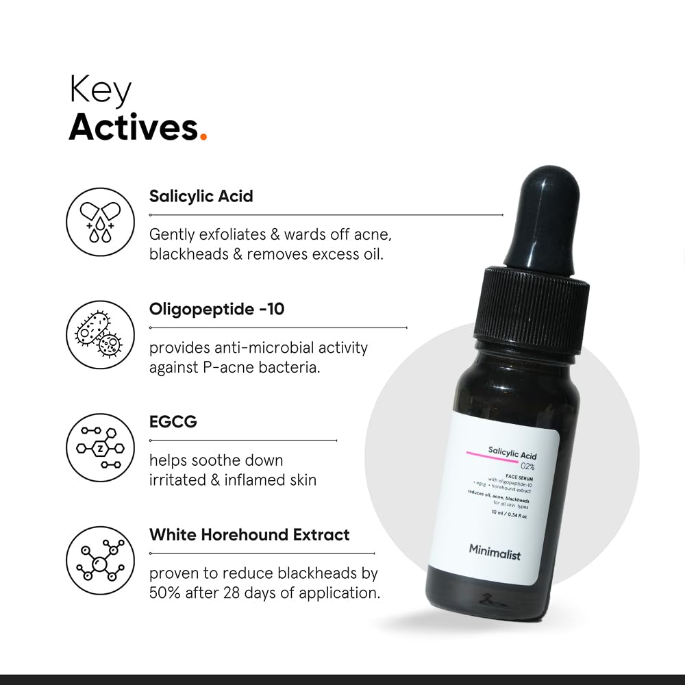 Minimalist 2% Salicylic Acid Serum for Acne & Blackheads | BHA Exfoliating Anti Acne Serum for Pore Cleansing & Oil Control | Pore Tightening Treatment for Oily & Acne-Prone Skin | 10ml