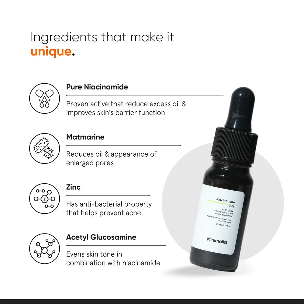 Minimalist 10% Niacinamide Serum with Zinc – Reduces Acne Marks, Controls Oil & Minimizes Pores | Vitamin B3 for Blemish-Free, Clear Skin | For Oily & Acne-Prone Skin (10 ml)