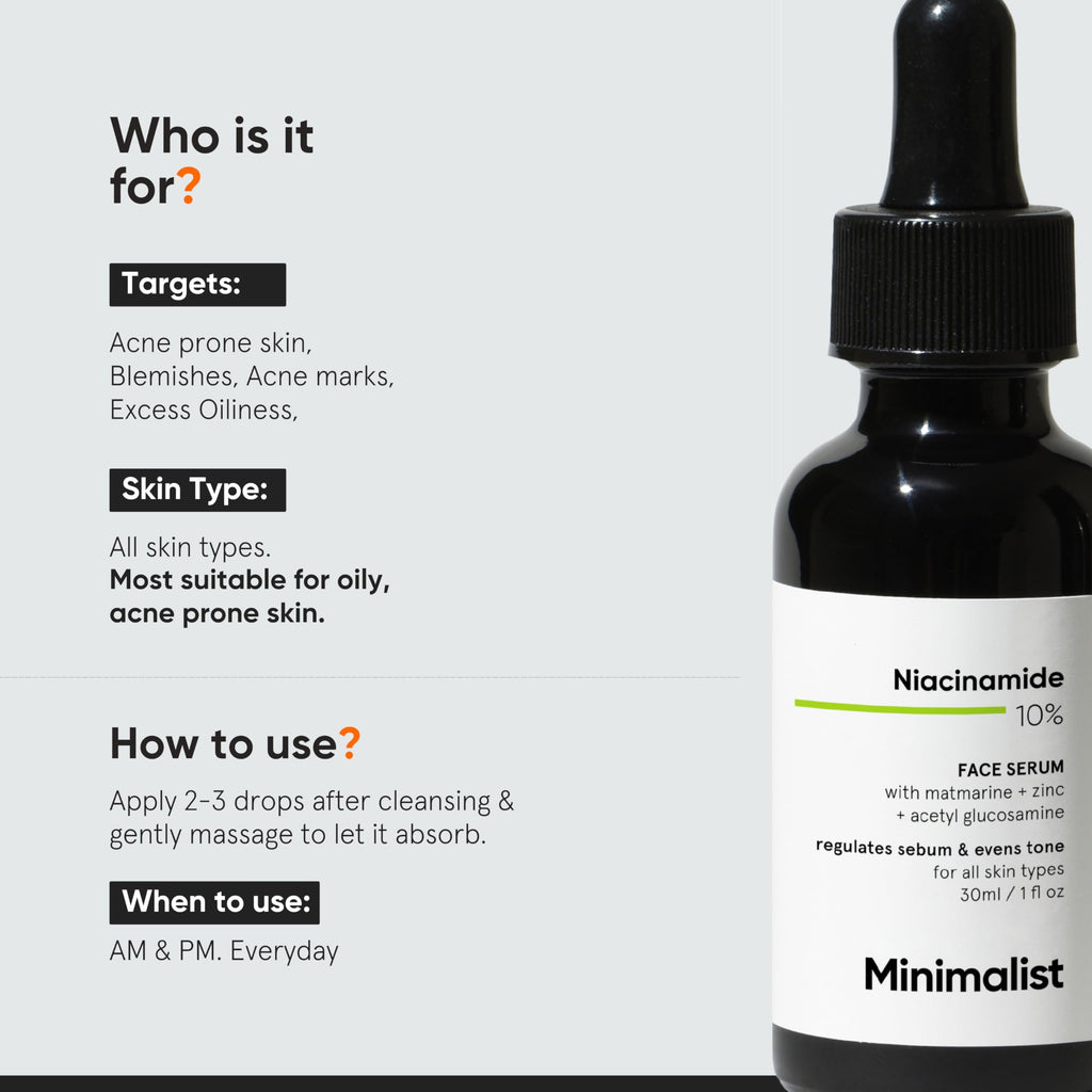 Minimalist 10% Niacinamide Serum with Zinc – Reduces Acne Marks, Controls Oil & Minimizes Pores | Vitamin B3 for Blemish-Free, Clear Skin | For Oily & Acne-Prone Skin (10 ml)