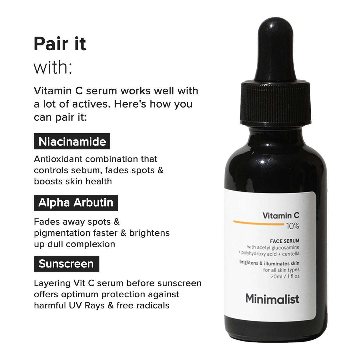 Minimalist 10% Advanced Vitamin C Serum for Glowing Skin | Brightening & Dark Spot Treatment | Treats Uneven Skin Tone, Dullness & UV Damage | Daily Face Serum (Stable Vitamin C) | 30ml