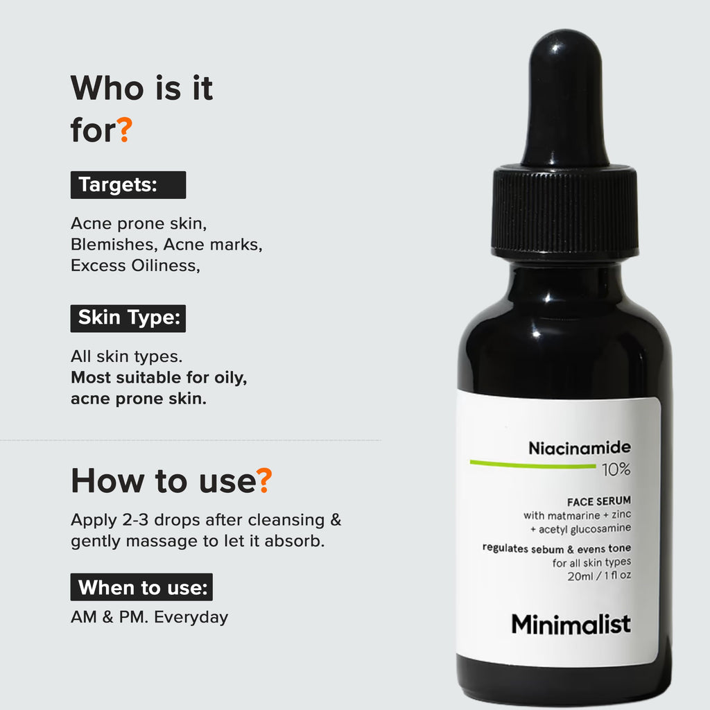 Minimalist 10% Niacinamide Serum with Zinc – Reduces Acne Marks, Controls Oil & Minimizes Pores | Vitamin B3 for Blemish-Free, Clear Skin | For Oily & Acne-Prone Skin (10 ml)