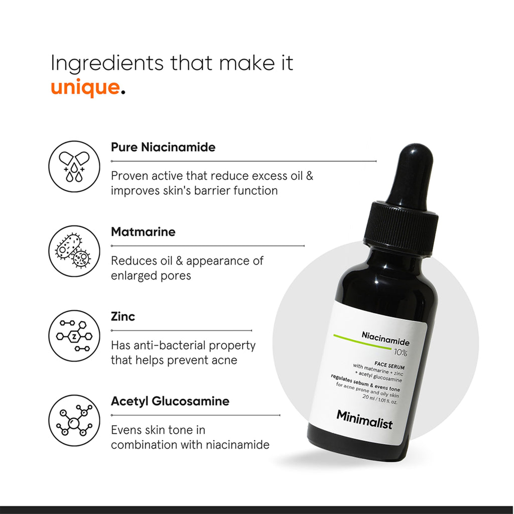 Minimalist 10% Niacinamide Serum with Zinc – Reduces Acne Marks, Controls Oil & Minimizes Pores | Vitamin B3 for Blemish-Free, Clear Skin | For Oily & Acne-Prone Skin (10 ml)